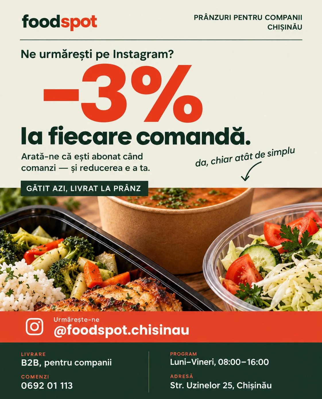 FoodSpot — опубликованный промомакет со скидкой 3% для подписчиков